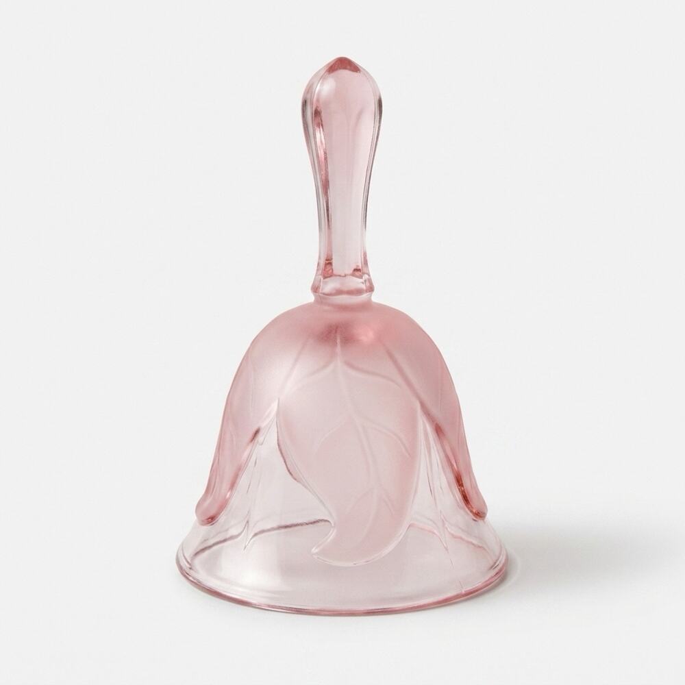 Viking vintage pink glass bell with a leaf pattern and glass handle.